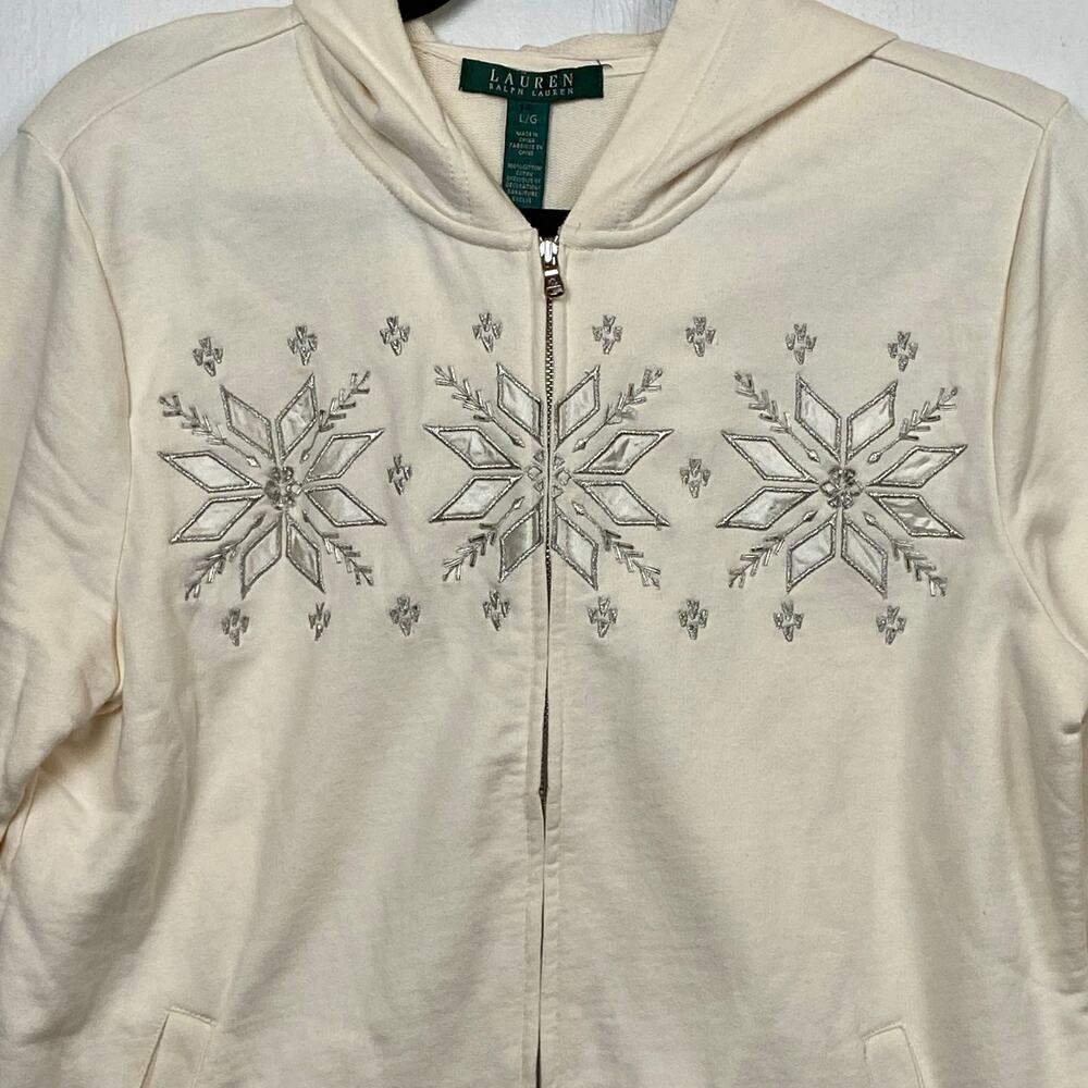 Lauren Ralph Lauren Women's Ivory Snowflake Sparkle Embroidered Hoodie Large - Picture 3 of 10